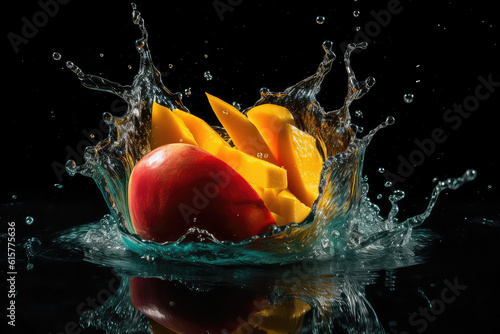 A delicious ripe cut orange mango in bursts of clear water. Shot in motion  splashes and drops of water isolated against a black background. Generative AI professional photo imitation.