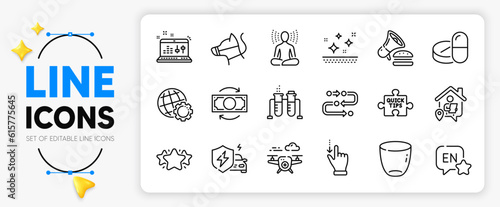 Sound check, Touchscreen gesture and Quick tips line icons set for app include Yoga, Methodology, Clean skin outline thin icon. English, Star, Drone pictogram icon. Change money. Vector