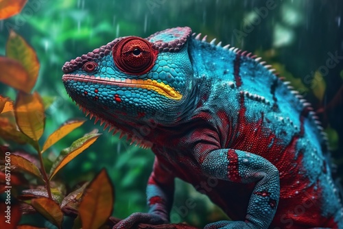Colorful chameleon  panther with a green and blue vibrant face sits on a tree in the jungle  isolated on leaves background. Lizard on the green leaves.