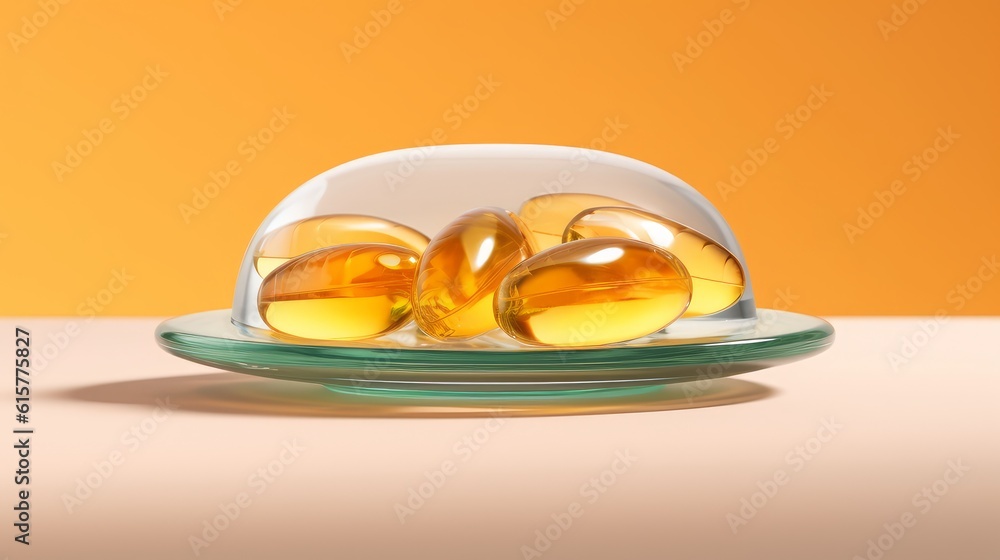 A fish oil gel capsules with omega-3 and vitamin D. AI generated