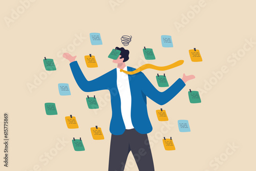 Frustrated or overwhelmed from multitasking, work overload too many tasks, busy overworked, appointment or tired exhausted concept, frustrated businessman working with chaotic sticky notes. photo