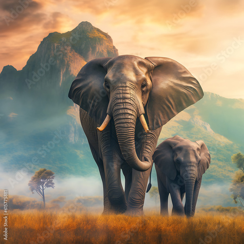 elephant mother and baby on a nature with mountains © qwer