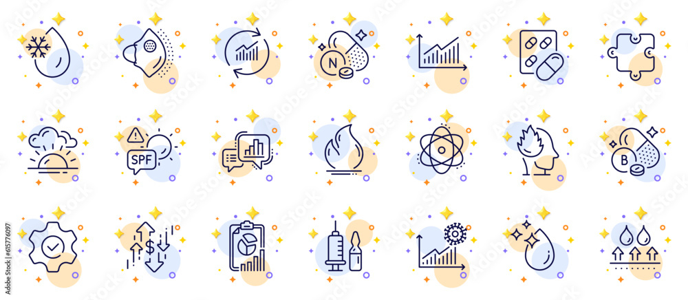 Outline set of Water drop, Graph chart and Report line icons for web app. Include Update data, Execute, Graph pictogram icons. Vitamin n, Fire energy, Stress signs. Spf protection. Vector