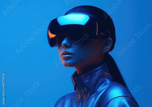 Portrait of a young cyberpunk girl wearing virtual reality goggles. Future technology concept. created with generative AI technology. © hakule