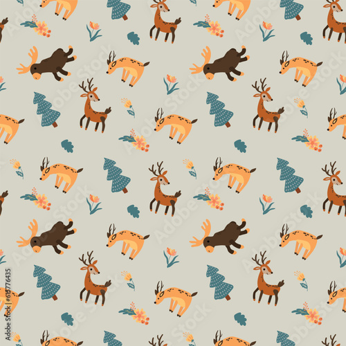 Seamless pattern with forest animals. Elk, deer, roe deer. Design for fabric, textile, wallpaper, packaging.