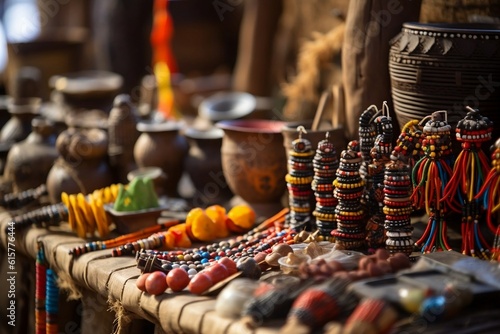 Ethnical Homemade Souvenirs for Tourists on Traditional Masai Market Stall Generative AI