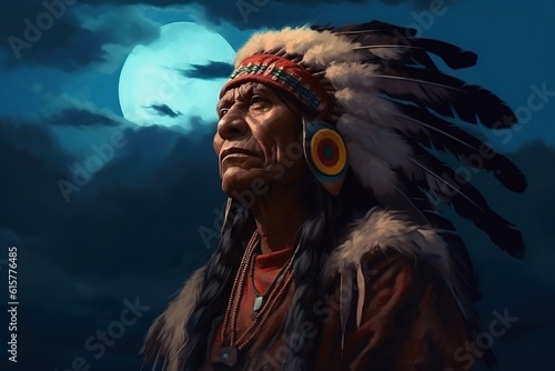Portrait of Old American Indian Apache on Night Moon Sky Generative AI photo