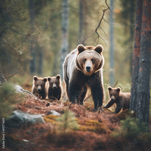 brown bear in the forest protecting her cubs