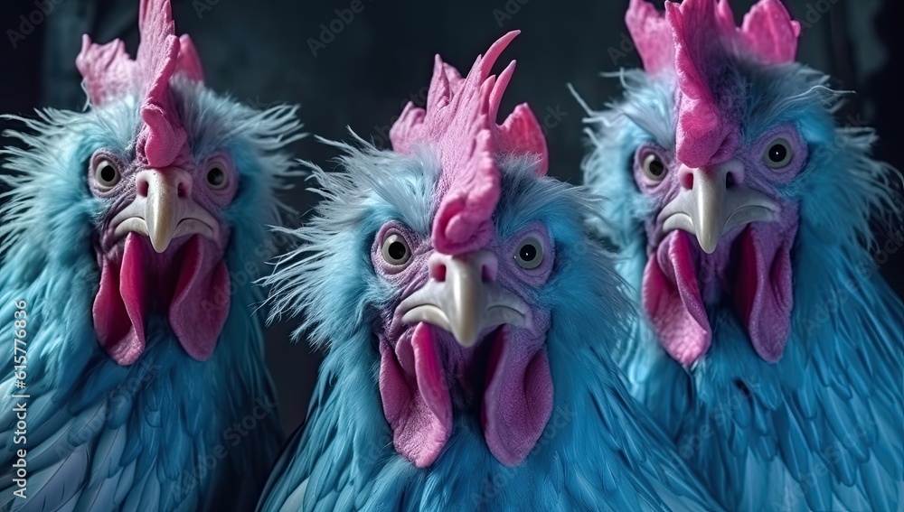 A charming group of chickens with bright blue feathers, taking a selfie. Generative AI.