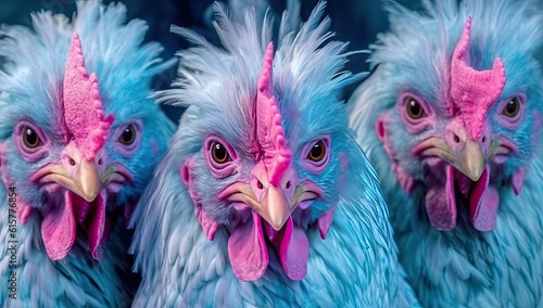 A charming group of chickens with bright blue feathers, taking a selfie. Generative AI. © Gelpi