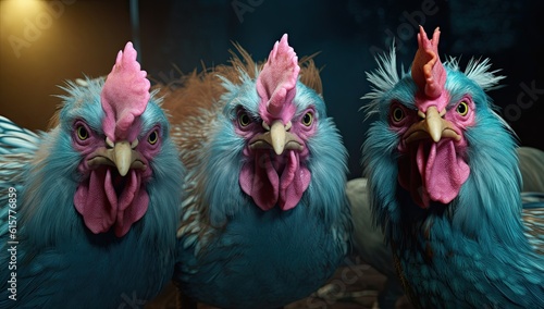 A charming group of chickens with bright blue feathers, taking a selfie. Generative AI. © Gelpi