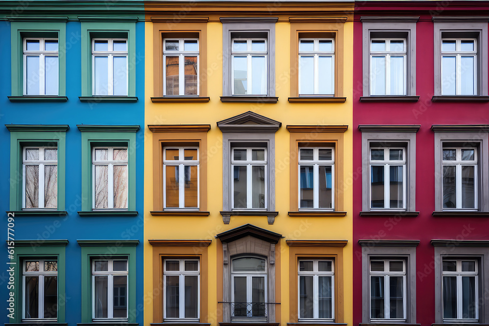 The facade of the building with colorful rainbow windows. Front view of the house with colored windows. Creative architectural wallpaper. Generative AI photo imitation.