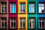 Modern facade of the building with colorful rainbow windows. Front view of the house with colored windows. Creative architectural wallpaper. Generative AI photo imitation.