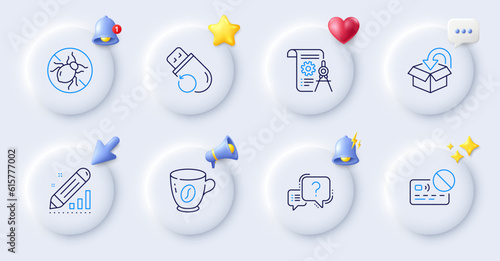 Divider document, Return package and Flash memory line icons. Buttons with 3d bell, chat speech, cursor. Pack of Card, Question mark, Bed bugs icon. Edit statistics, Coffee pictogram. Vector