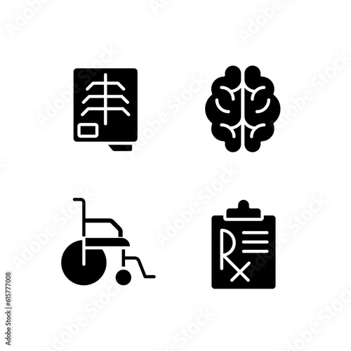 Treatment black glyph icons set on white space. Medical checkup and tests. Recovery clinic. Healthcare service. Silhouette symbols. Solid pictogram pack. Vector isolated illustration