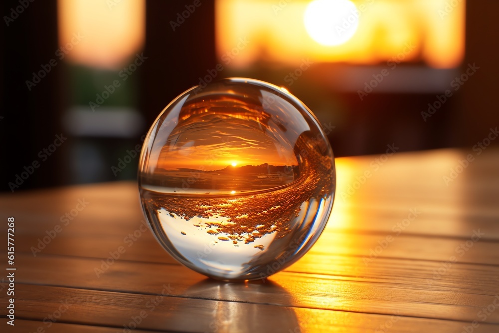 A glass marble on a rustic wooden table