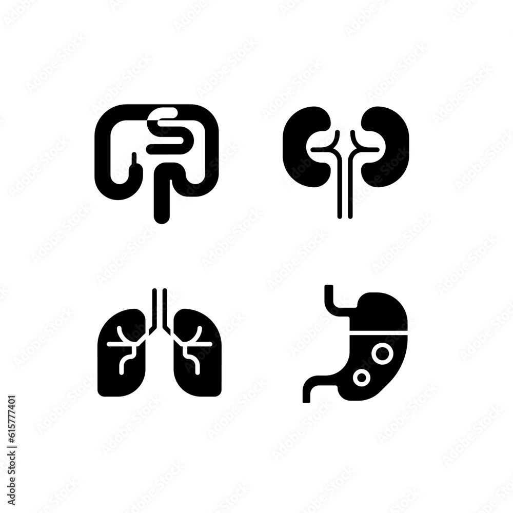 Human organs black glyph icons set on white space. Gastrointestinal system. Anatomy and biology. Organs transplantation. Silhouette symbols. Solid pictogram pack. Vector isolated illustration