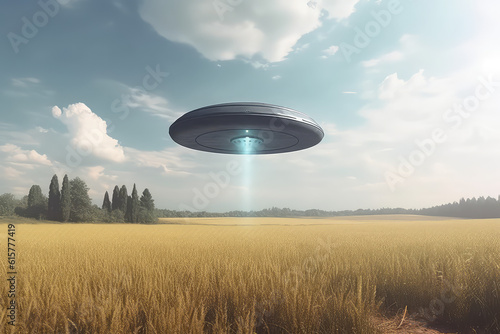 A flying saucer floats in the cloudy blue sky over a field on a cloudy day. A UFO hovered over a field, nobody. Generative AI photo imitation.