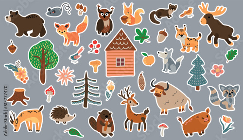 Forest animals sticker set. Drawn style. Wild animals.
