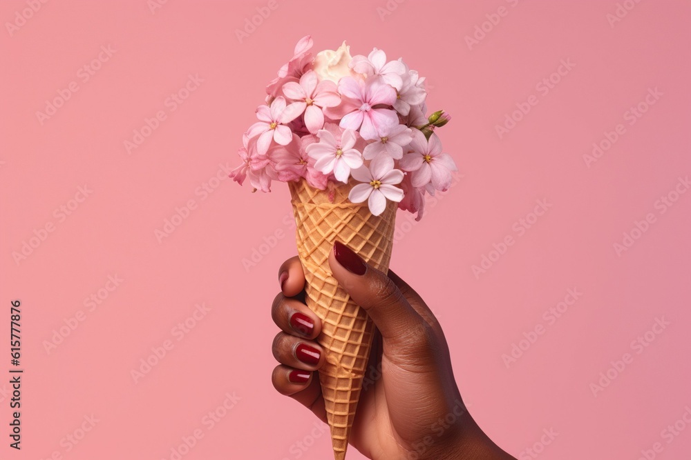 A female dark - skinned hand with pink nails holding an ice cream waffle cone with flowers and cherry blossom on a seamless pink background