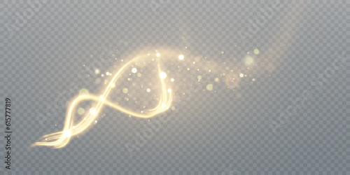Dynamic gold lines with glow effect. Rotating magic movement of the ring. Abstract sparkling swirl, wave of light.