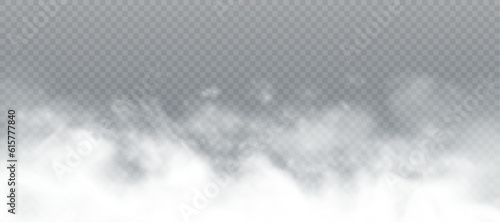 Clouds. Realistic decorative fog effect and transparent magic fog. White steam, the border of creeping smoke. Cloud and growing smog mockup. Vector 10 eps.