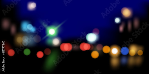 Blurred defocused glowing lights of car lights on a wet rainy road. Vector background of the night city.