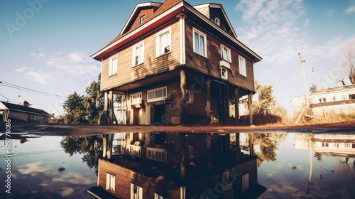 Imprint of the house on the water. Upside down house. Generative AI