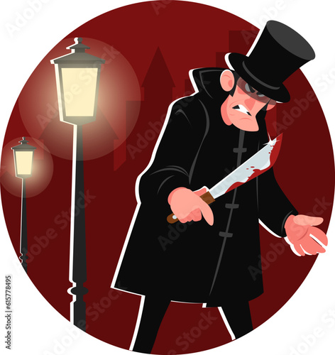  Jack the Ripper with knife in light of street lamps. Maniac with knife against background of city at night. Stock vector illustration