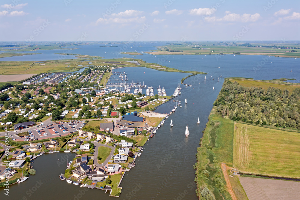 Aerial from water sports in summer at Galamadammen in Friesland the Netherlands