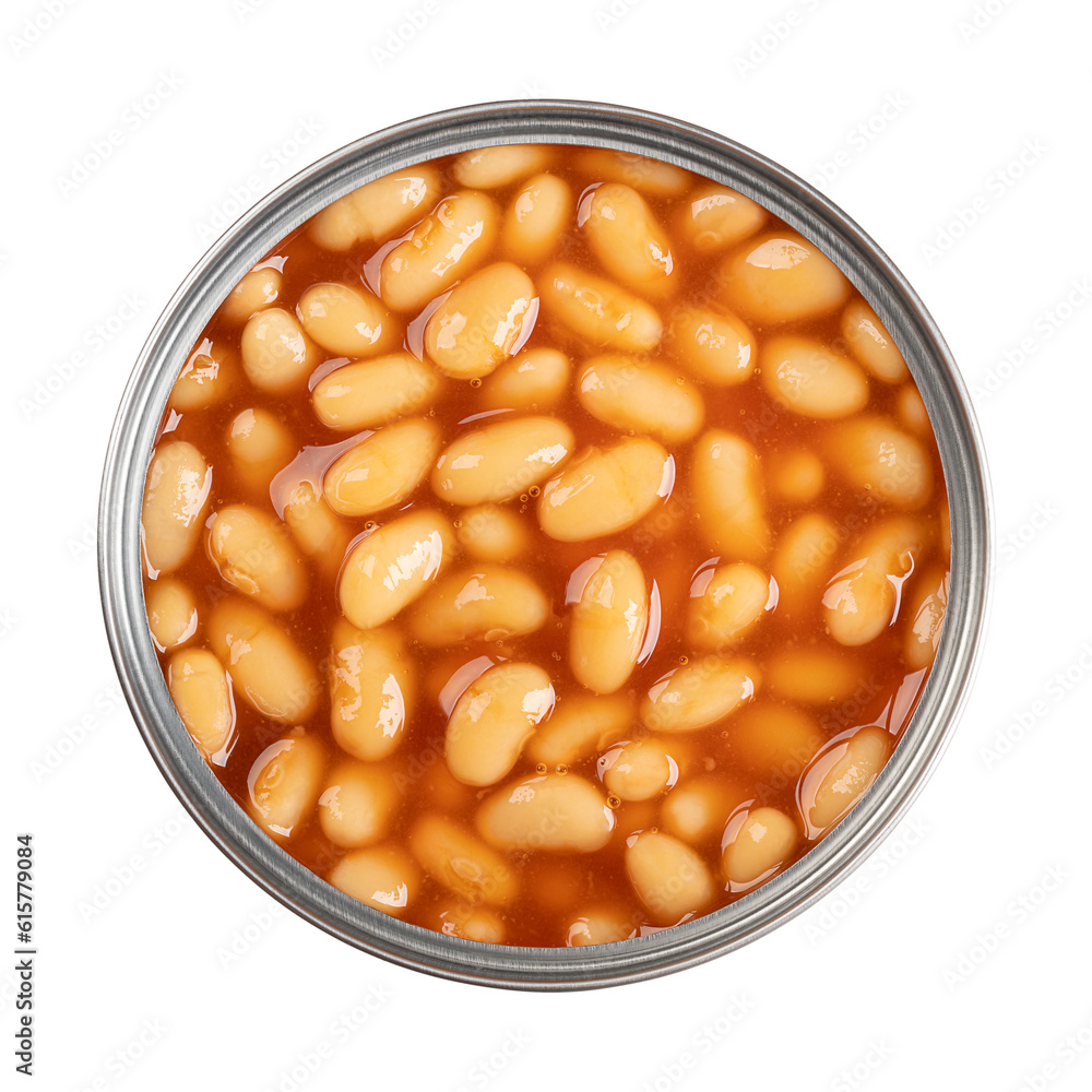 Foto de Canned baked beans in tomato sauce, in open can, from above. Dish made of white beans