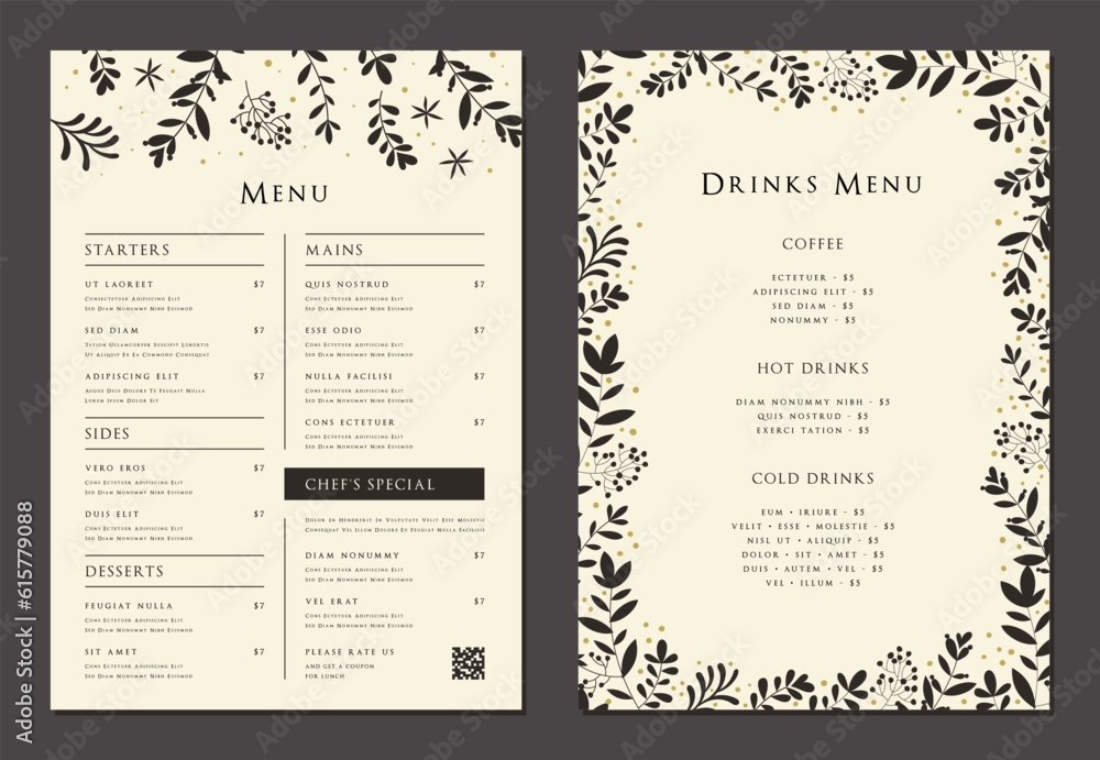 Fototapeta premium Floral elegant templates. Wedding and restaurant menu. Good for banners, greeting and business cards, invitations, flyers, brochure, post in social networks, advertising, events and page cover.