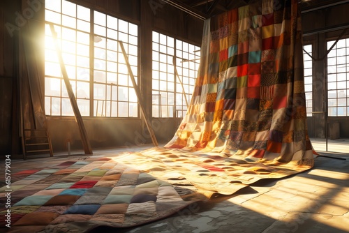 A patchwork quilt in an industrial factory wallpaper