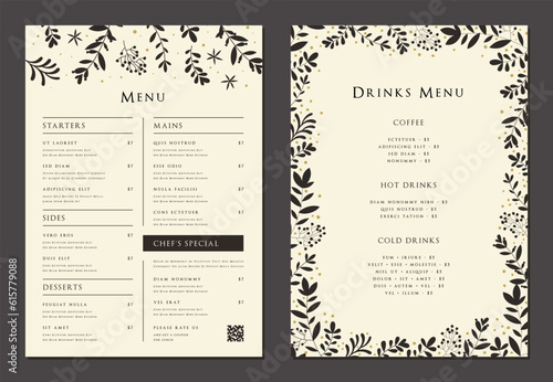 Floral elegant templates. Wedding and restaurant menu. Good for banners, greeting and business cards, invitations, flyers, brochure, post in social networks, advertising, events and page cover.