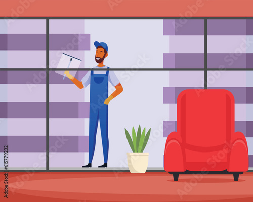 Vector of janitor cleaning hotel glass