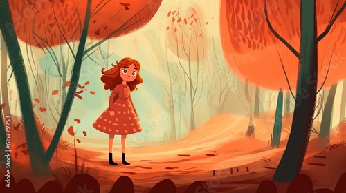 illustration cute girl walking in autumn woods  Generative Ai