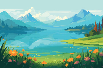 Gordijnen Koraalgroen landscape with lake and mountains  © STF Design 