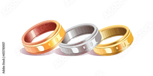 Gold, silver and copper ring flat cartoon isolated on white background. Vector illustration
