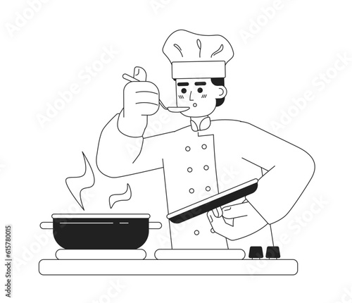 Male chef monochromatic flat vector character. Editable thin line half body man in chef hat with spoon try dish on white. Simple bw cartoon spot image for web graphic design.