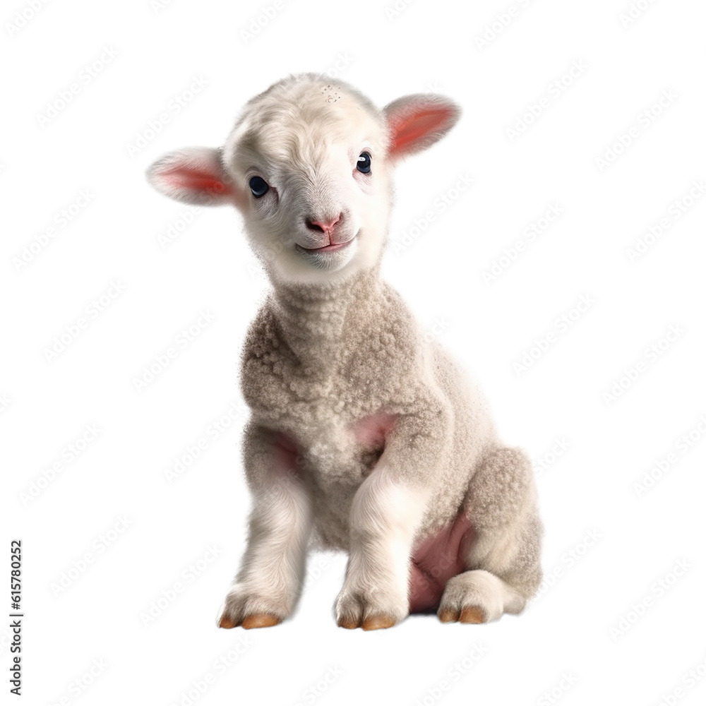 cute lamb sitting , isolated on transparent background cutout Stock