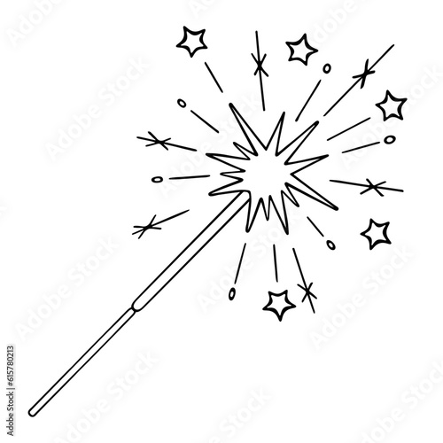 Sparkler. Sketch. Pyrotechnics. Vector illustration. Outline on isolated background. Doodle style. Coloring book. Sparks from a lit fire in the form of stars. A burning attribute for a festive event. 