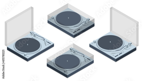 Isometric Vinyl LP record player isolated on white background Record player with vinyl disk