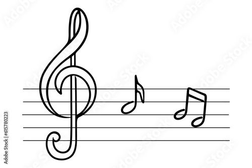 Note writing. On a stave of five lines, a treble clef and notes are drawn. Sketch. Musical signs. Vector illustration. Doodle style. Outline on isolated background. Play the melody. 