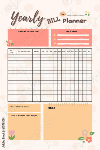 Yearly bill planner digital printable blank template insert