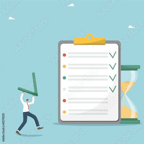 Time management and business scheduling, successful completion of tasks and assignments, questioning and voting, polling and testing, follow work schedule, man carries check mark to tablet with tasks.