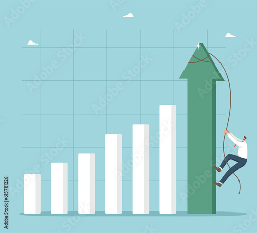 Rapid economic or investment growth, climbing the career ladder, improving financial well-being, the rapid pace of business and production development, man is climbing a tightrope on a growing graph.