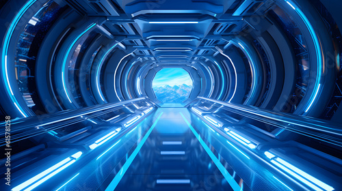 Blue Futuristic Corridor Hall with Mountains in the Background - Generative AI 