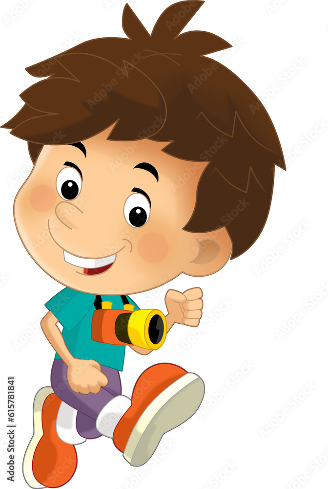 cartoon scene with young boy running with camera on his neck isolated illustration for children cartoon scene with young boy running with camera on his neck isolated illustration for children