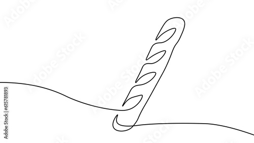 One line fresh French baguette baking symbol. Tasty bread patties continuous line sketch. Rustic style concept poster.Pastry natural organic food