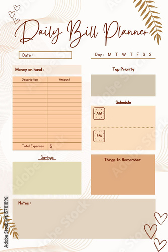 Daily bill planner digital printable blank template insert